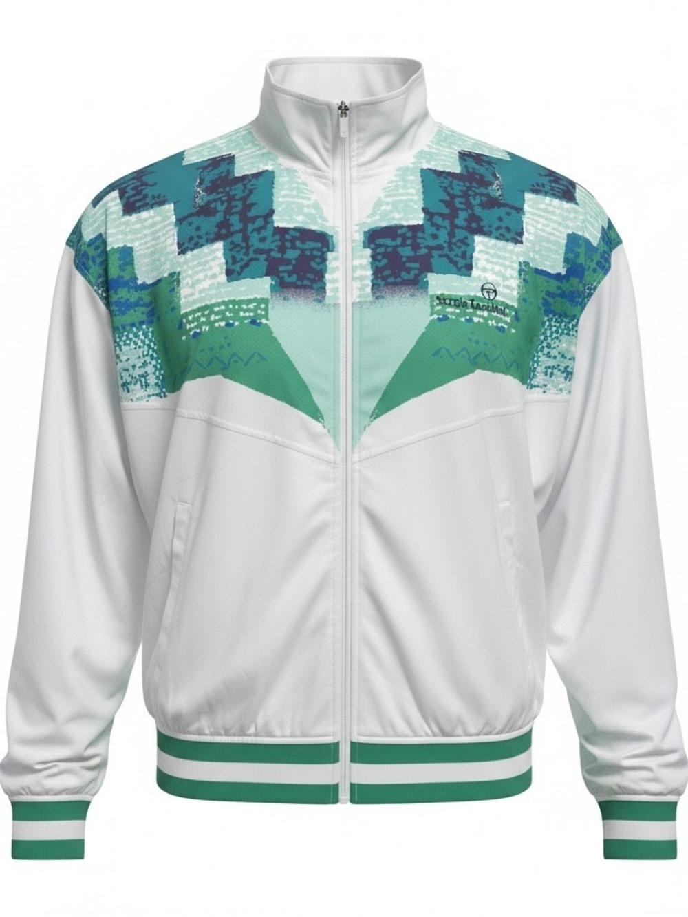 Sergio Tacchini White Track Jacket with Teal & Navy Graphic Yoke XL,L,M,S.